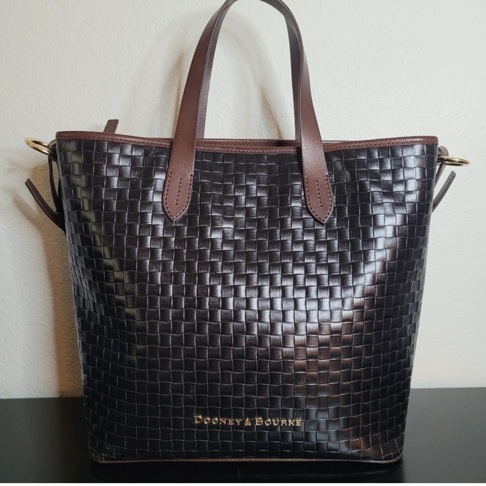 Dooney & Bourke Black Woven Leather Tote with Brown Accents - Picture 2 of 16